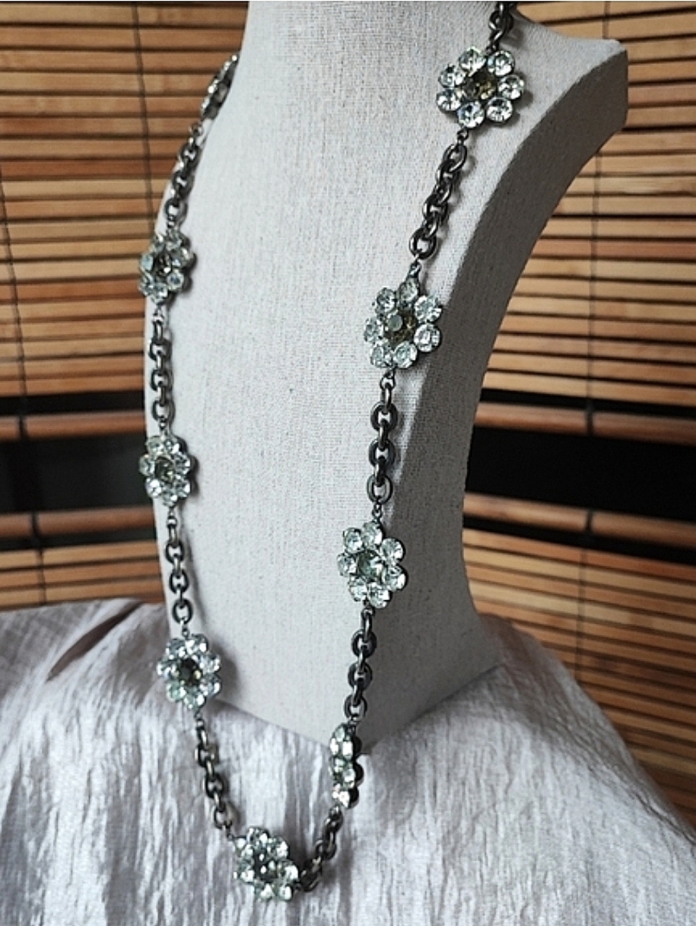 Stunning Oversized Extra Long Dark Silver Tone Rhinestone Necklace Belt Vintage